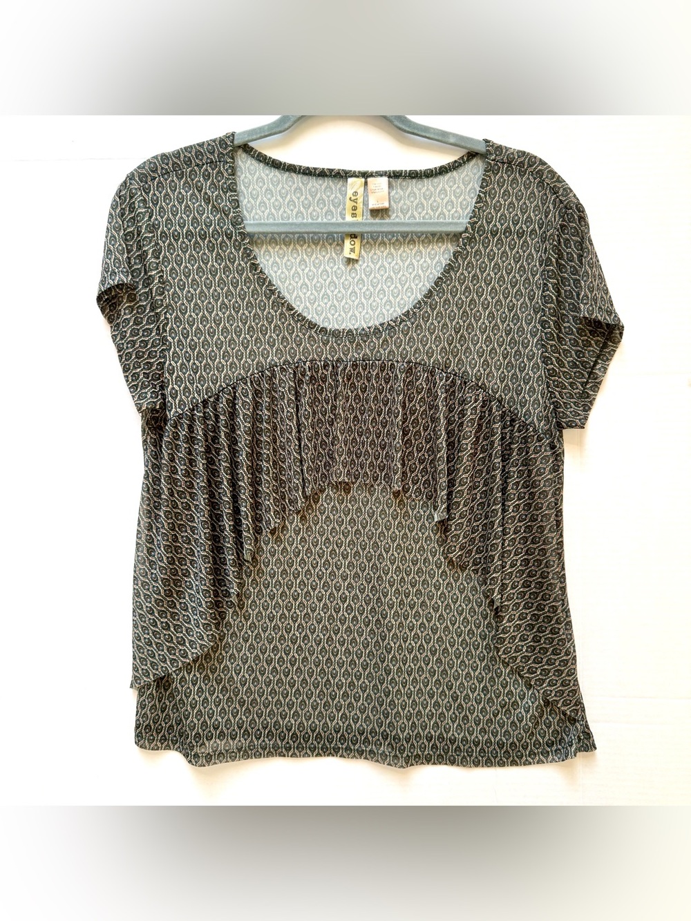 EYESHADOW TOP CASADE RUFFLE FRONT SHEER GREEN NAVY PRINT GEOMETRIC SIZE LARGE